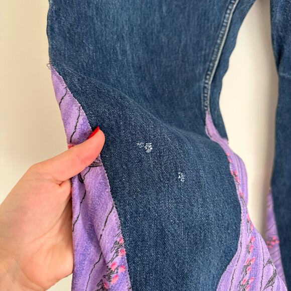 Levi's 501 Floral Patchwork Bell Bottom Flare Denim Jeans Dark Wash 33 - Picture 5 of 12
